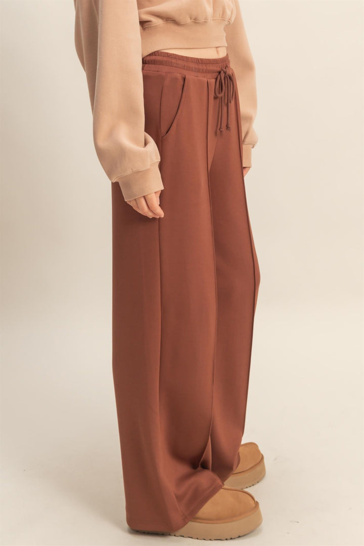 Scuba High-waist Drawstring Pintuck Wide Leg Pants