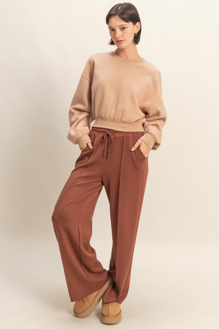 Scuba High-waist Drawstring Pintuck Wide Leg Pants