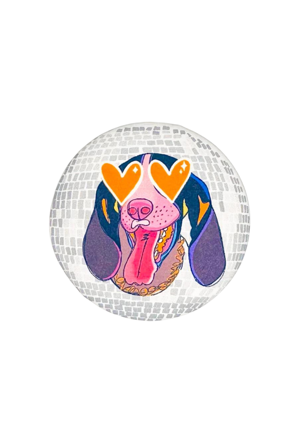 Heart-Eyed Disco Dog Button - Yellow