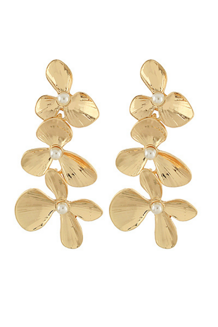 Textured Flower & Pearl Linear Earrings