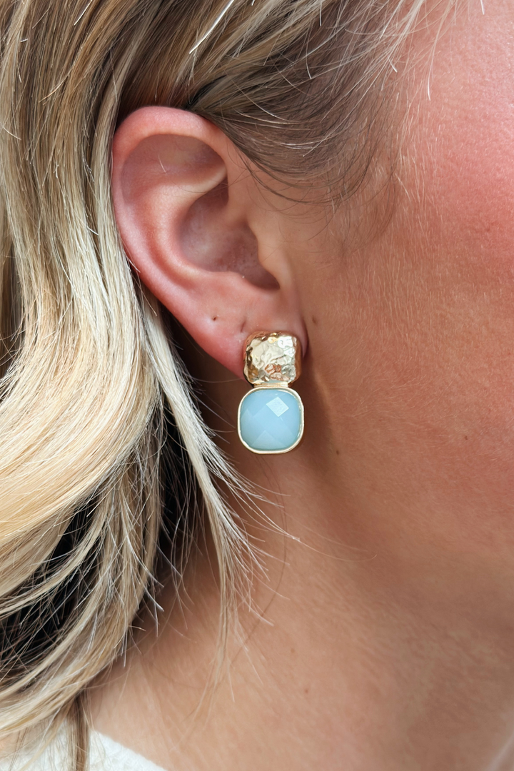 Glass Cushion & Texture Metal Earrings