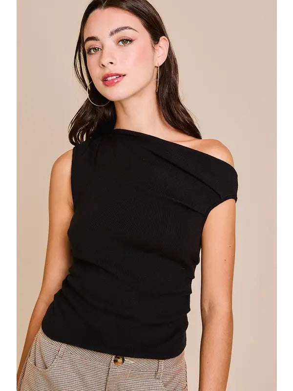 Black Asymmetrical Neck Sweater Top