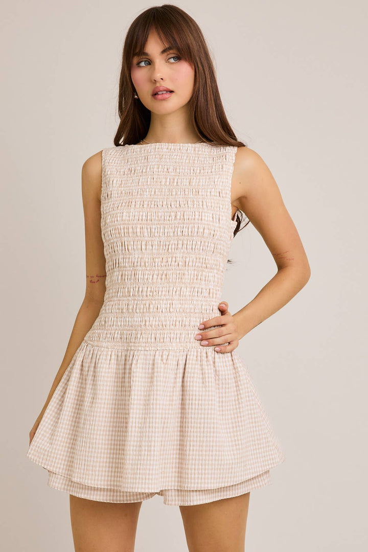 Boat Neck Smocking Bodice Low Waist Romper