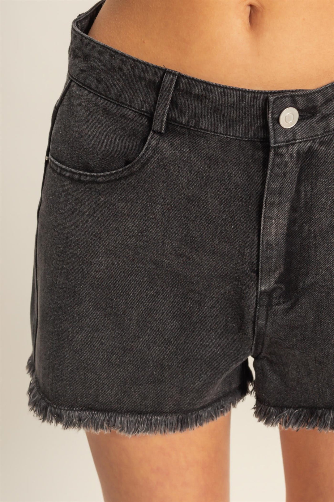 Washed Denim Frayed Hem High-Waist Shorts