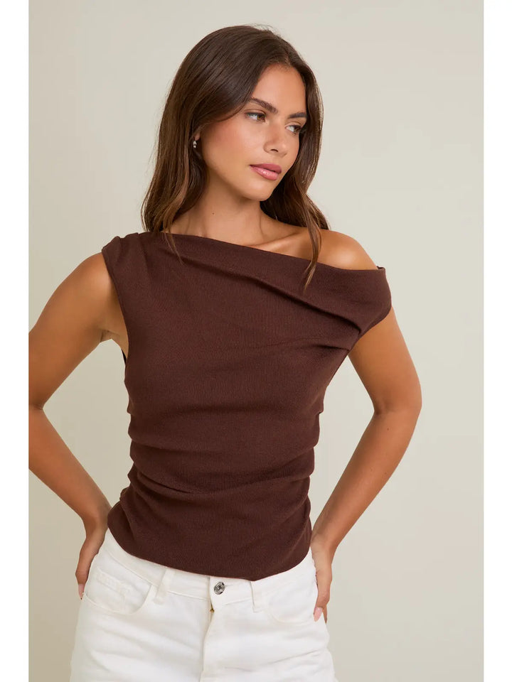 Brown Asymmetrical Neck Sweater Top