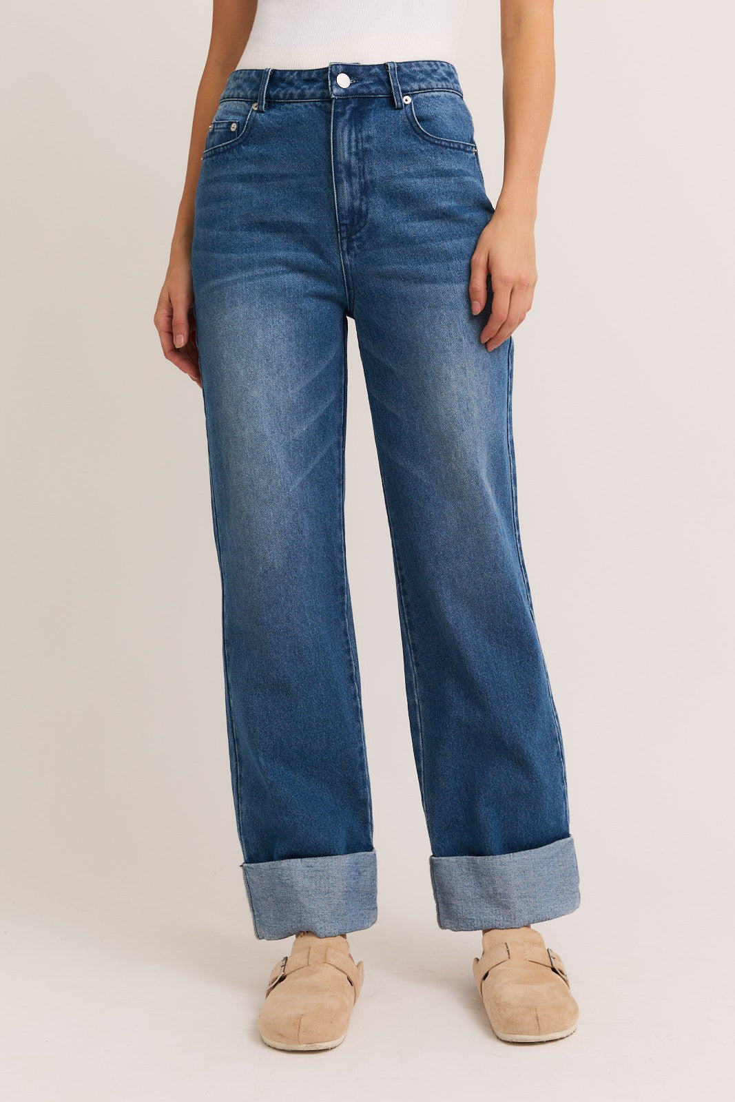High Waist Cuffed Denim Pants