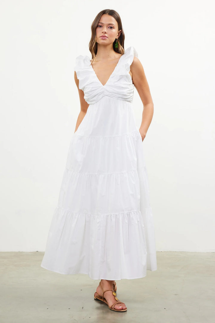 Poplin V-Neck Cap Sleeve Shirred Maxi Dress - White