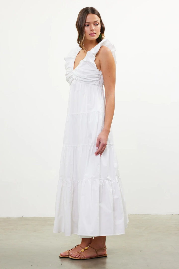 Poplin V-Neck Cap Sleeve Shirred Maxi Dress - White