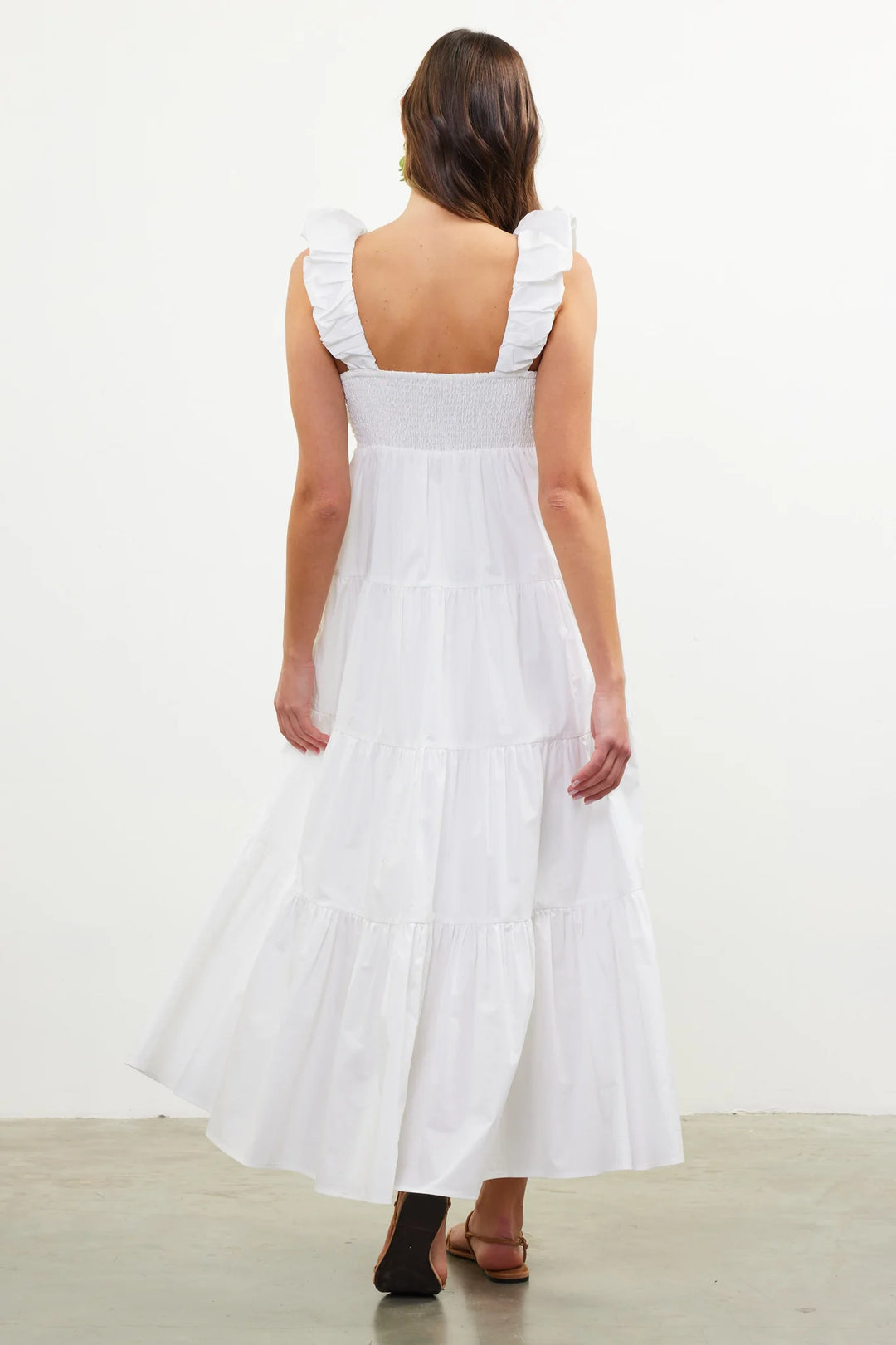 Poplin V-Neck Cap Sleeve Shirred Maxi Dress - White