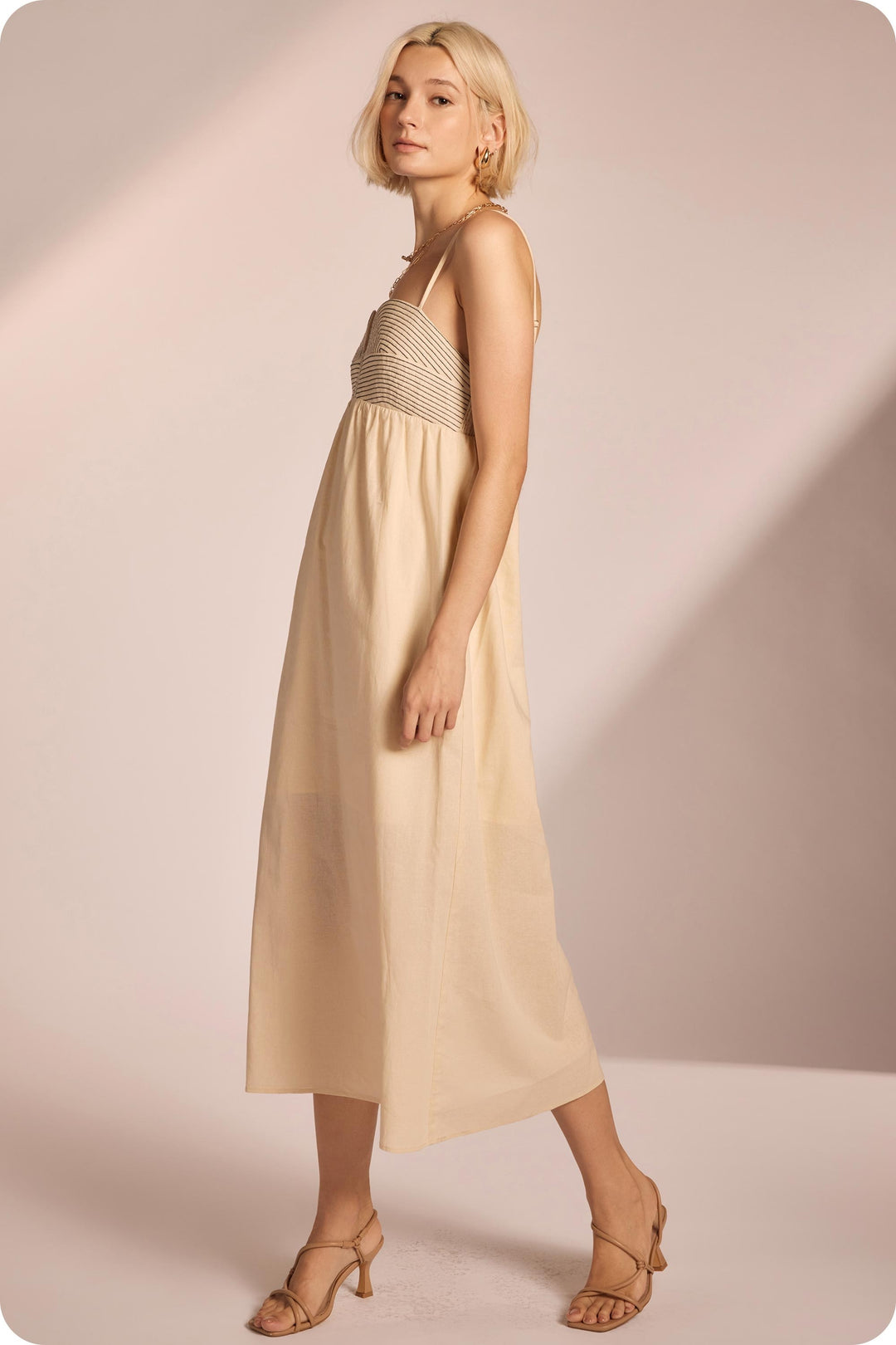 Top Stitch Bustier Linen Midi Dress - Sand