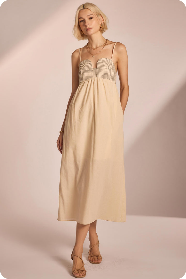 Top Stitch Bustier Linen Midi Dress - Sand