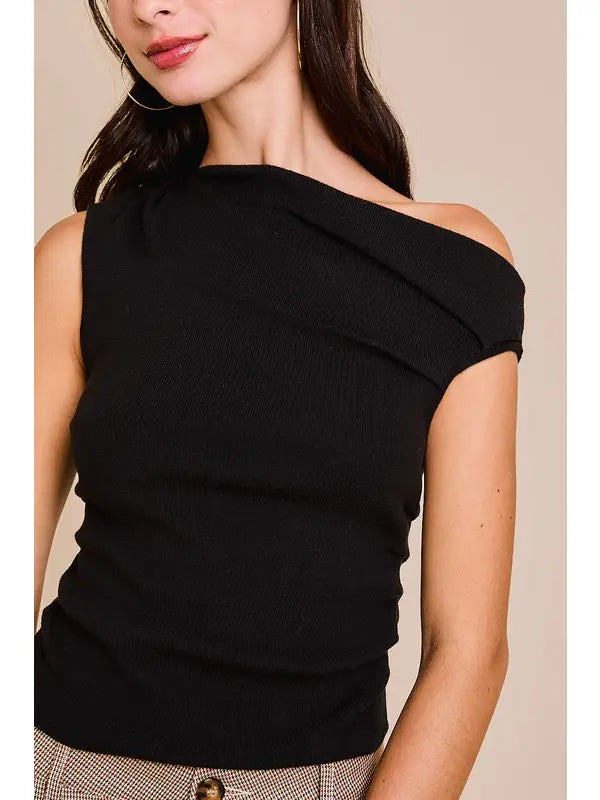 Black Asymmetrical Neck Sweater Top