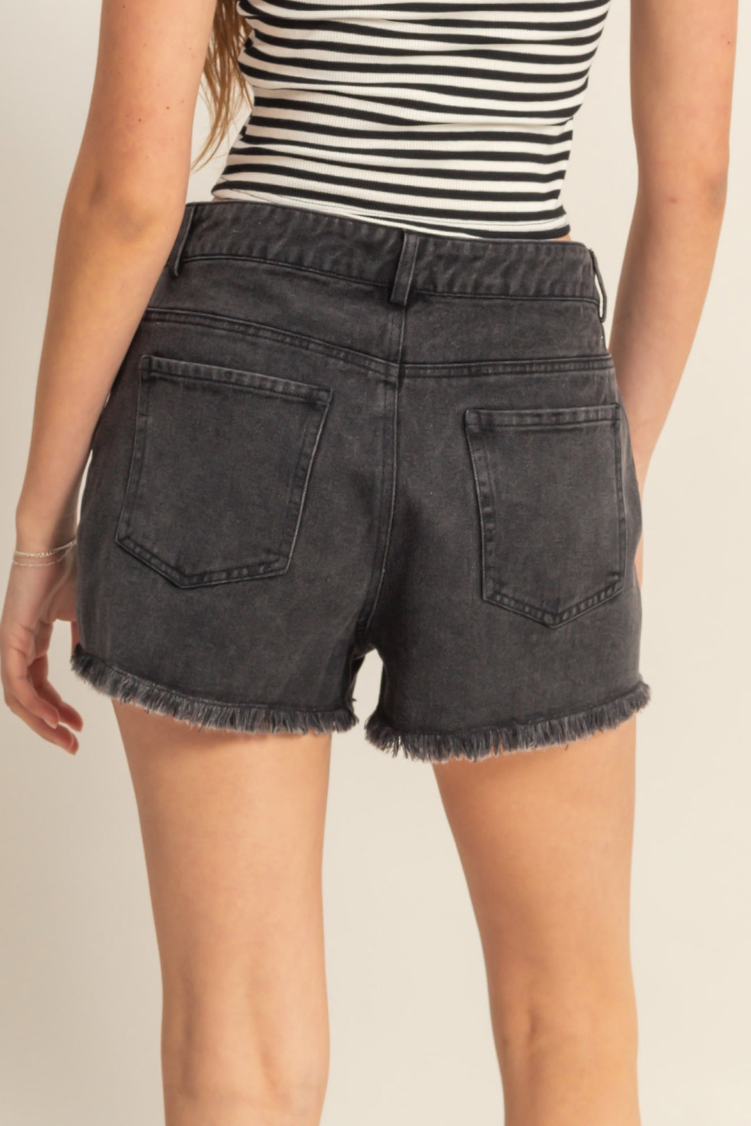 Washed Denim Frayed Hem High-Waist Shorts