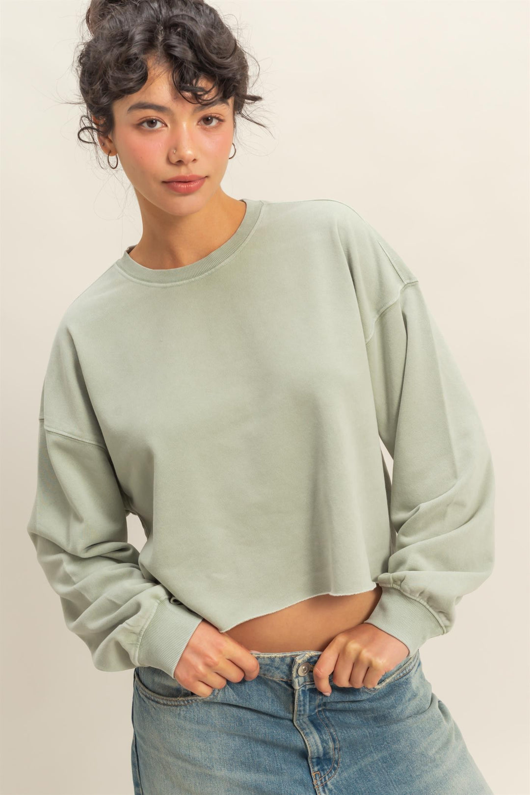 Cropped Crewneck Sweatshirt - Sage Green