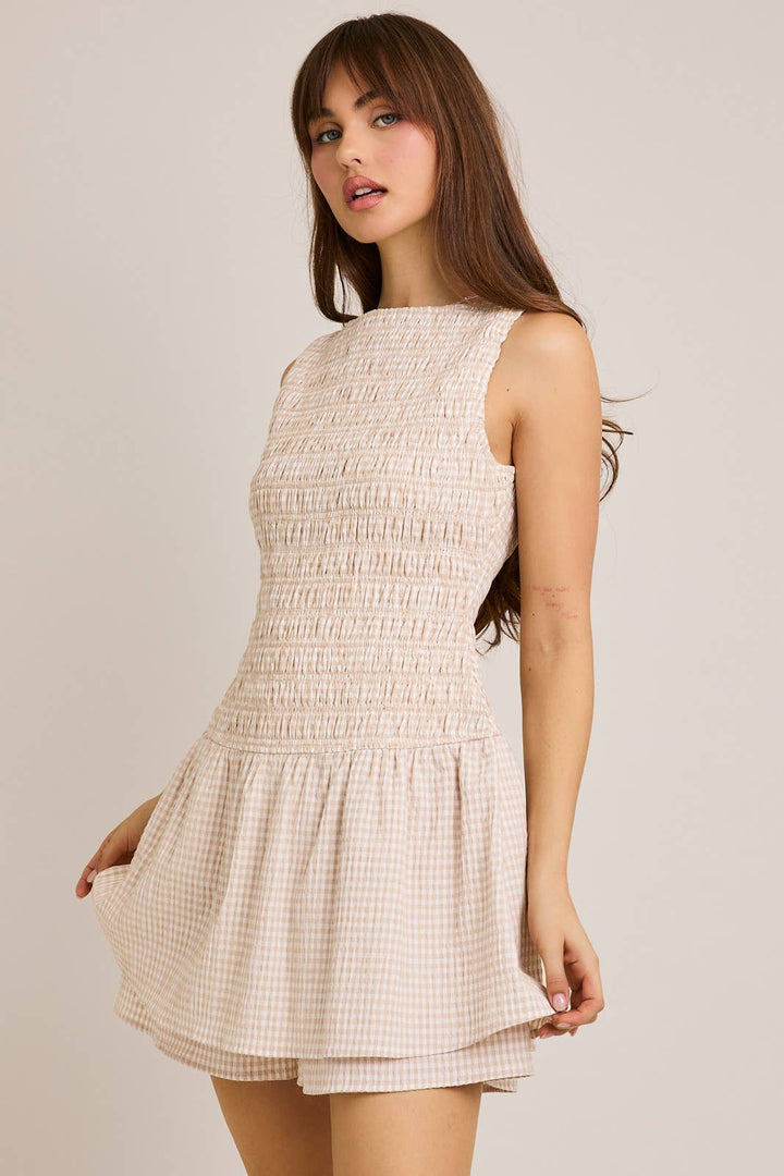 Boat Neck Smocking Bodice Low Waist Romper