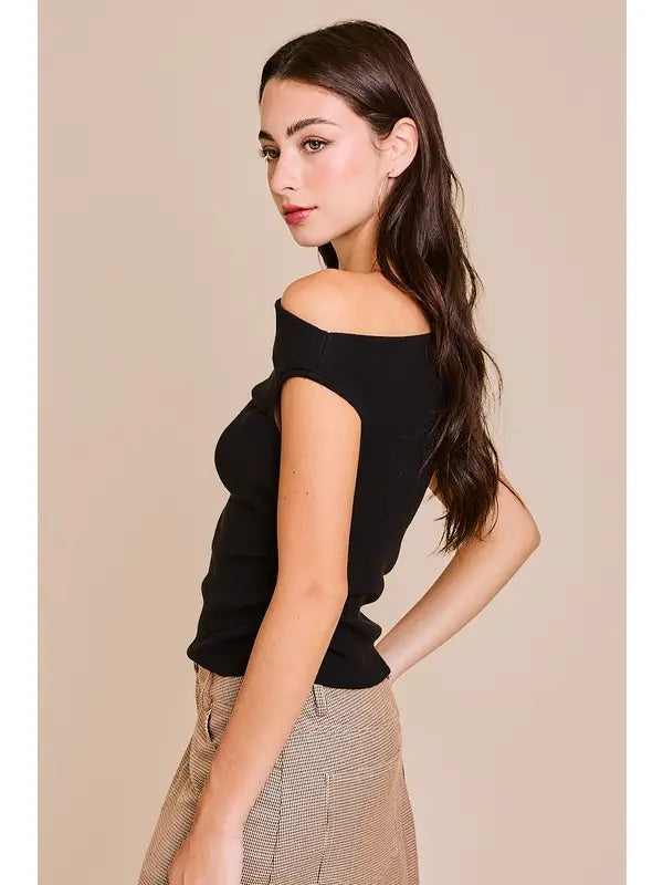 Black Asymmetrical Neck Sweater Top
