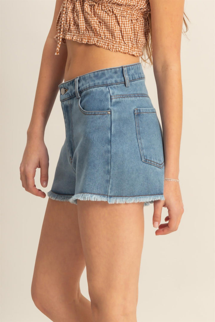 Washed Denim Frayed Hem High-Waist Shorts