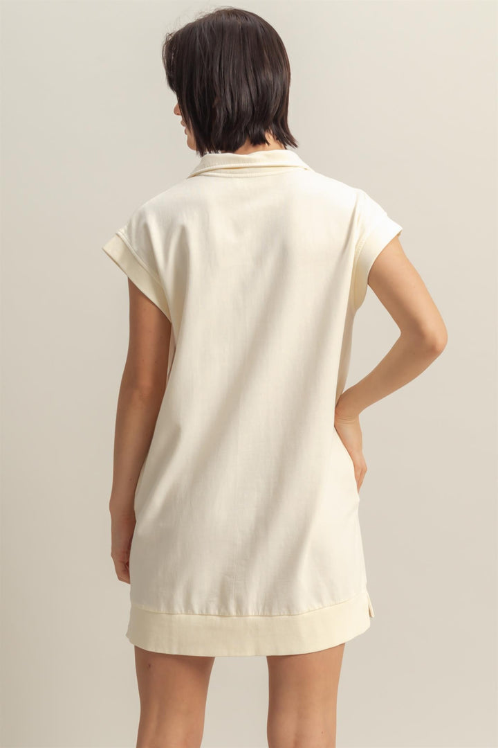 Half Zip Up Mock Neck Mini Dress - Cream