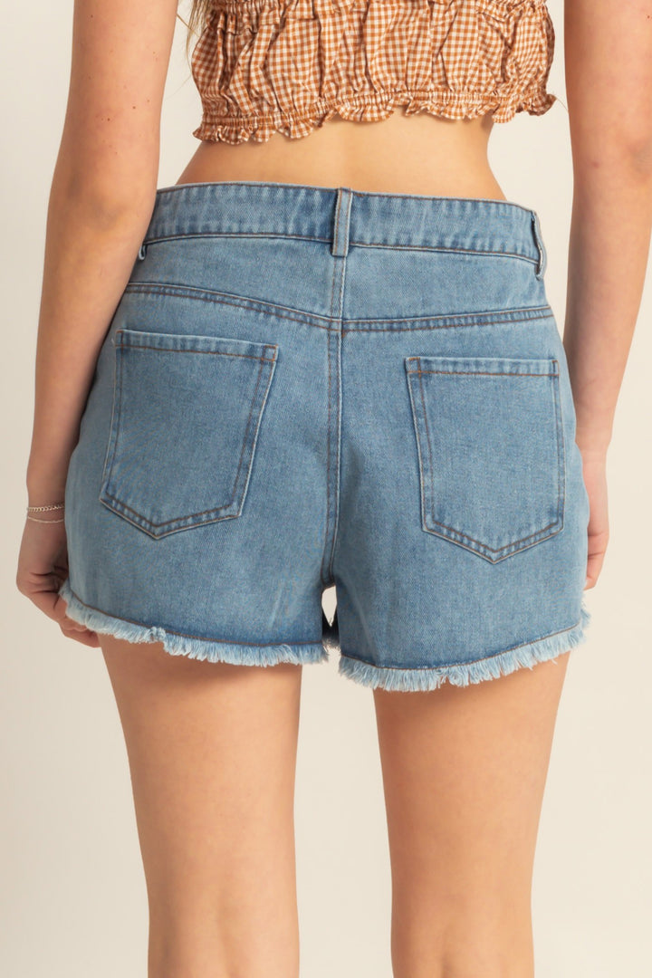 Washed Denim Frayed Hem High-Waist Shorts