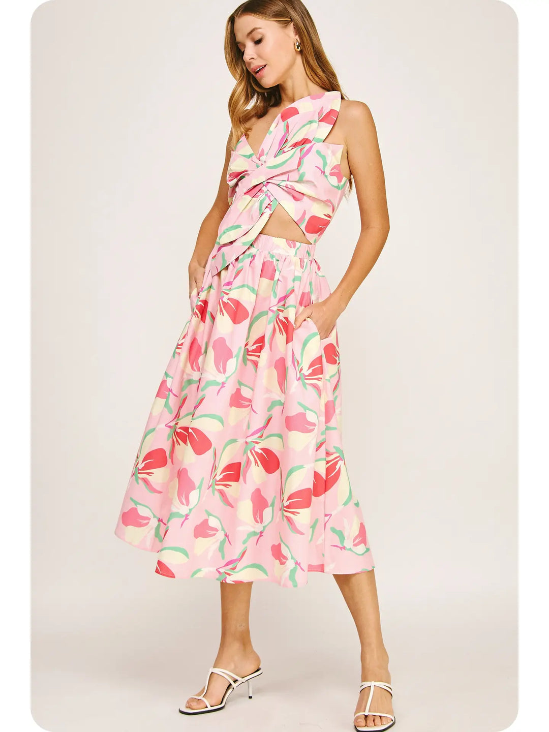 Knotted Flower Bow Floral Midi Dress - Pink Multi