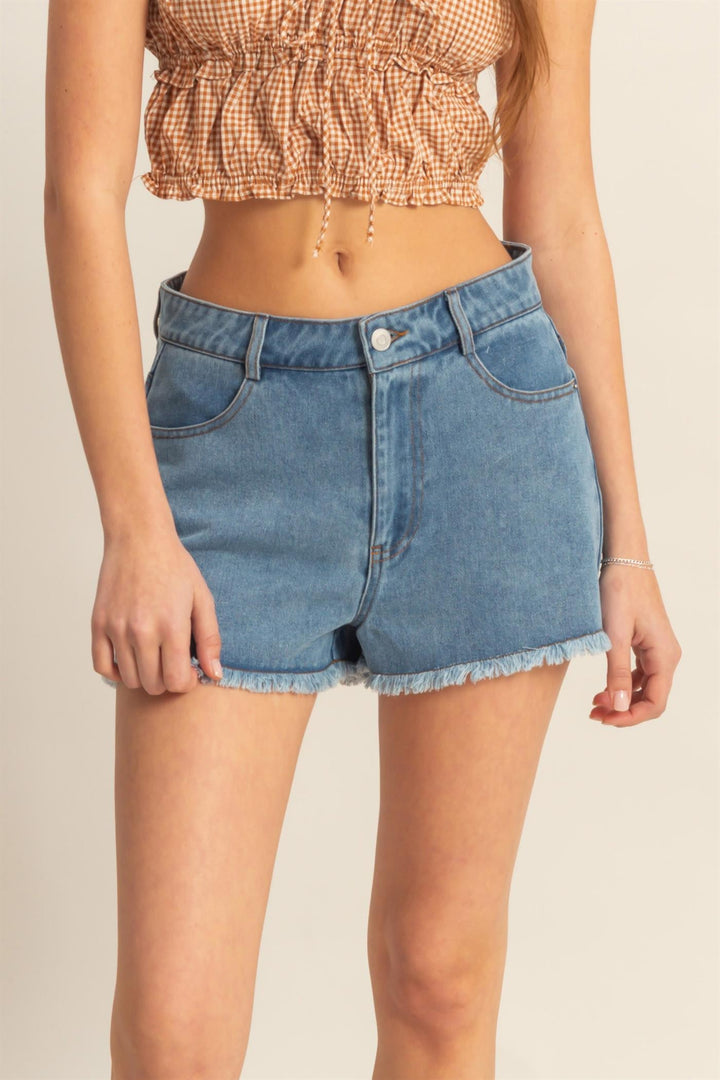 Washed Denim Frayed Hem High-Waist Shorts