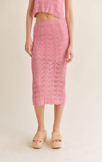 Pink Open Knit Midi Skirt