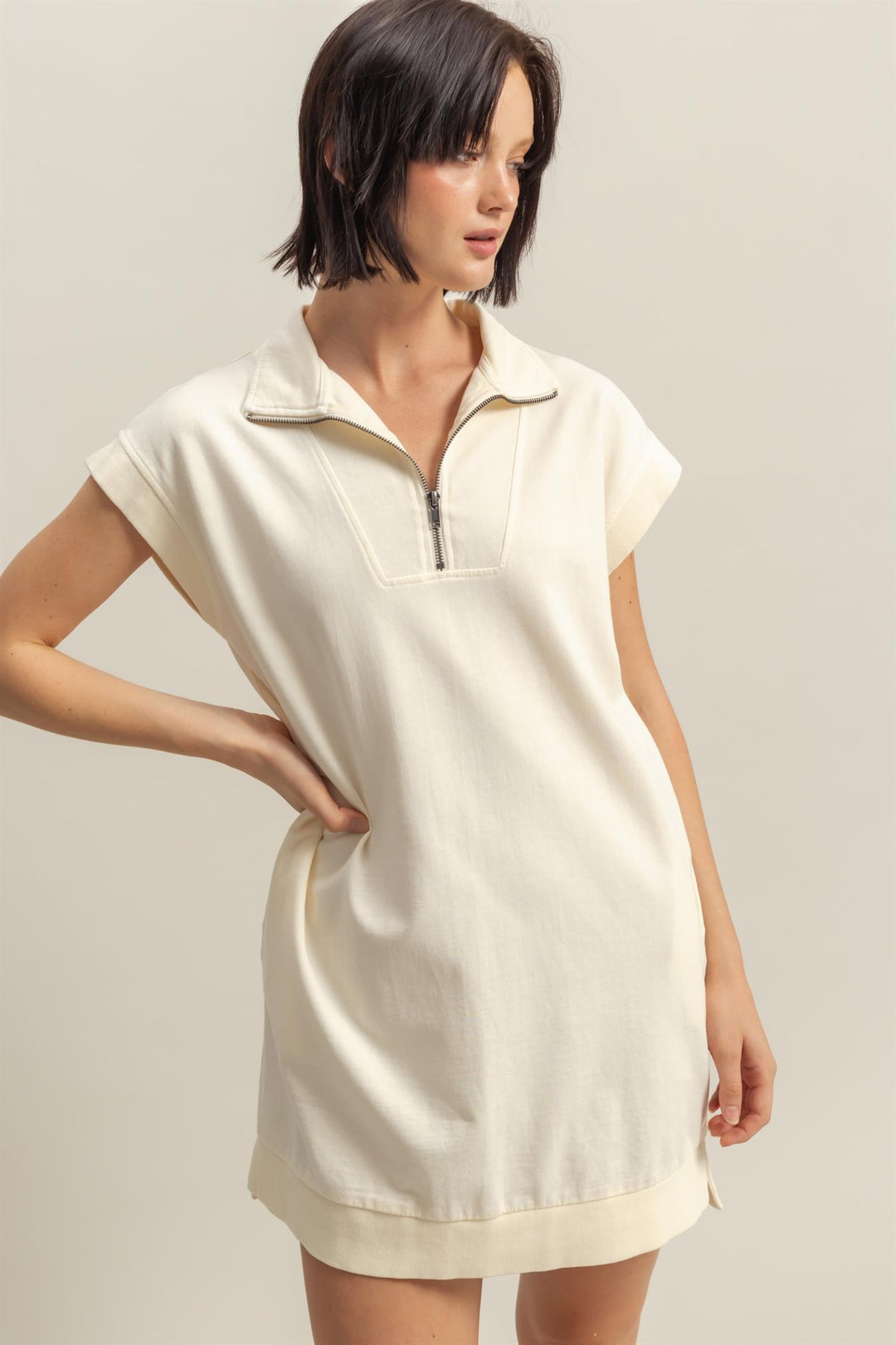 Half Zip Up Mock Neck Mini Dress - Cream