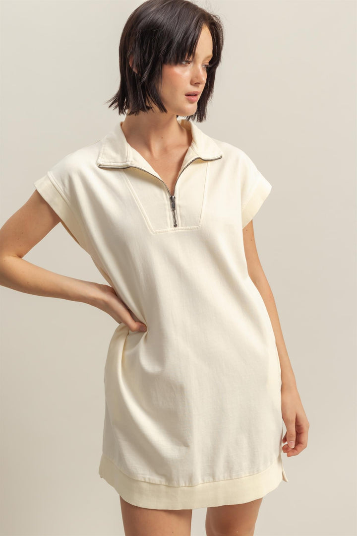 Half Zip Up Mock Neck Mini Dress - Cream
