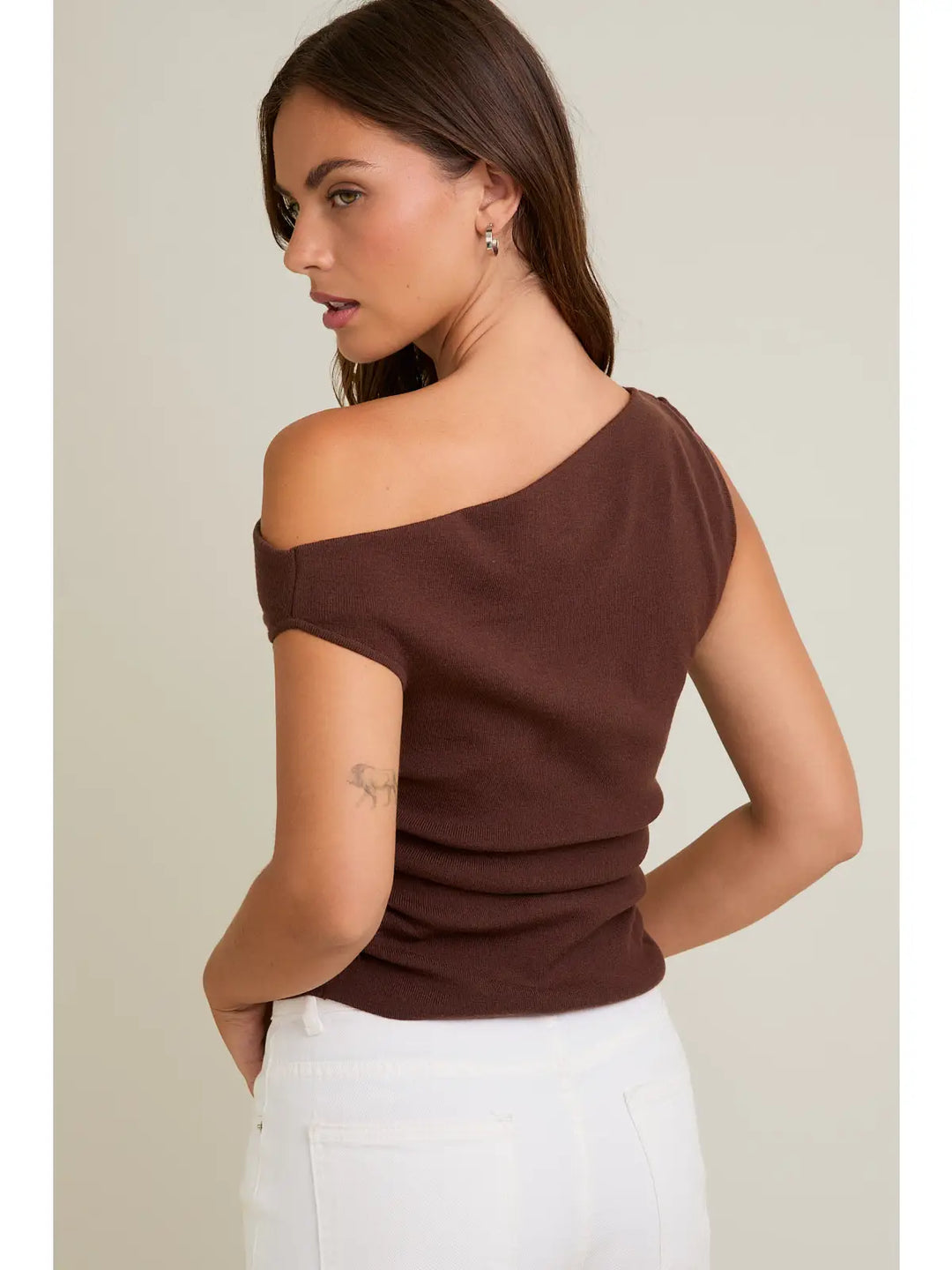 Brown Asymmetrical Neck Sweater Top