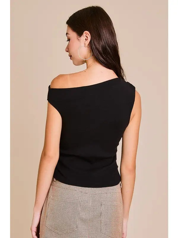 Black Asymmetrical Neck Sweater Top