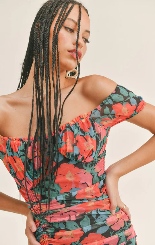 Vintage Tropics Ruched Mini Dress