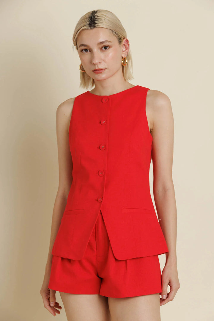 Red Sleeveless Linen Vest
