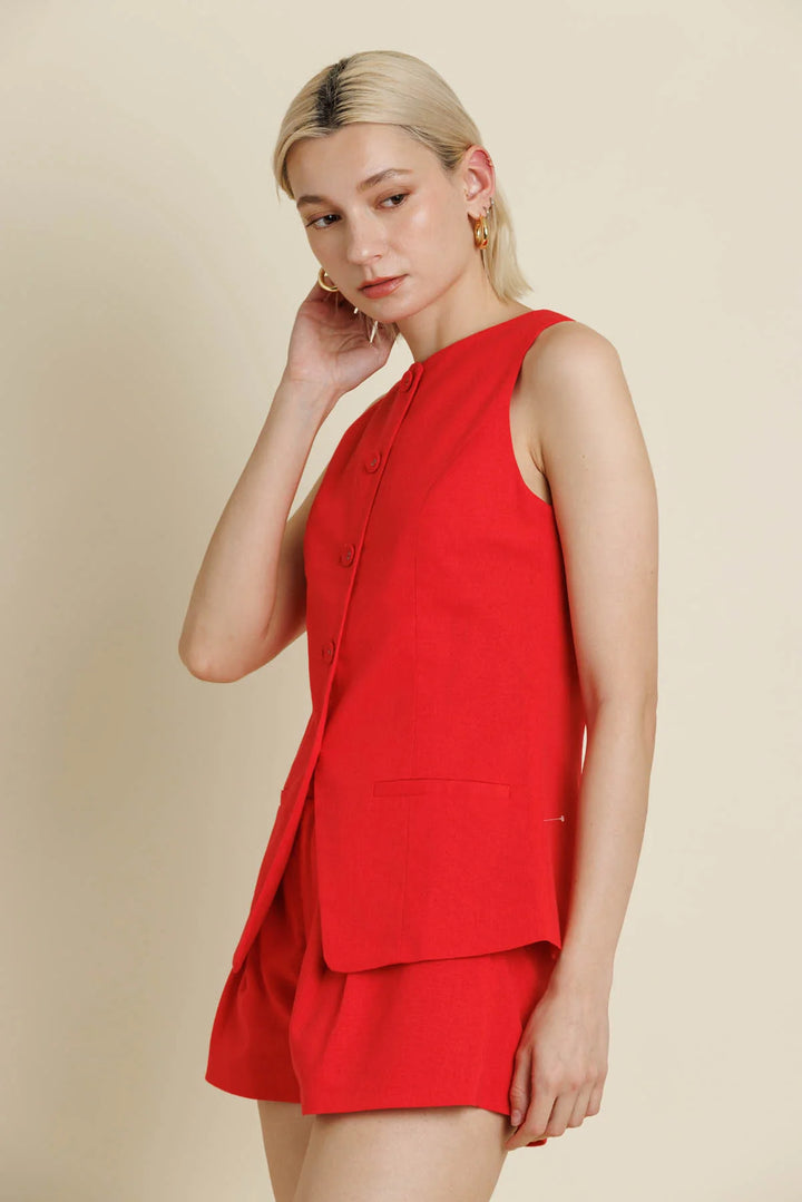 Red Sleeveless Linen Vest
