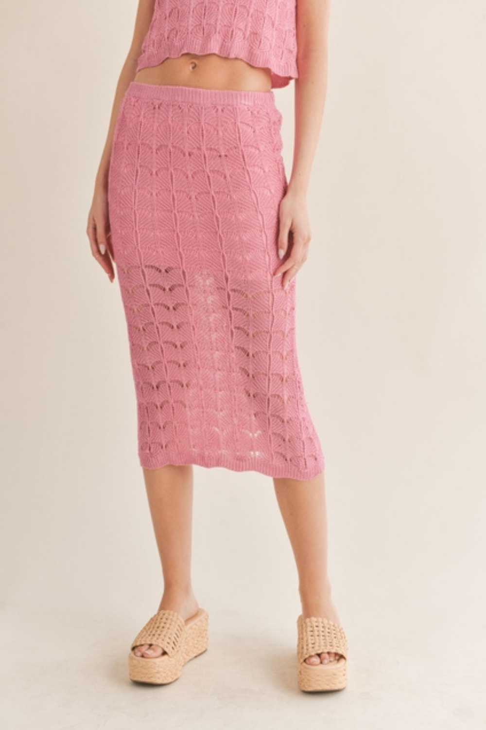 Pink Open Knit Midi Skirt