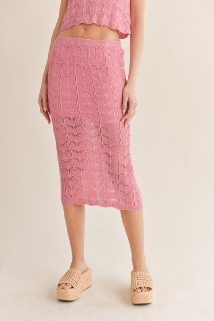 Pink Open Knit Midi Skirt