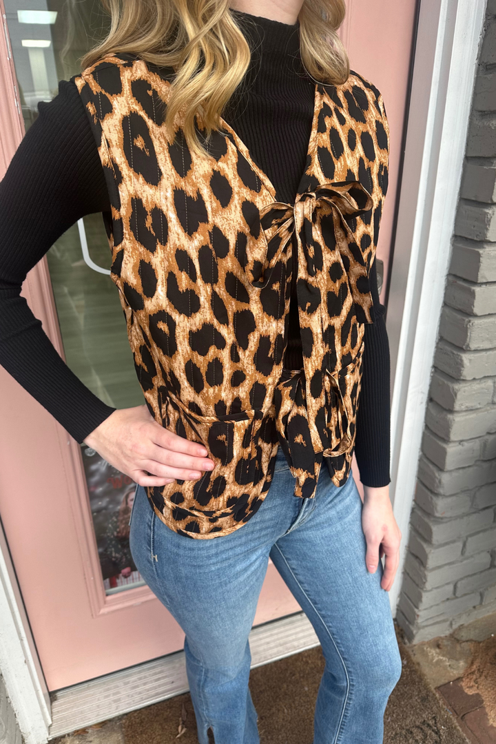 Leopard Quilted Vest with Front Ribbon Bow Ties