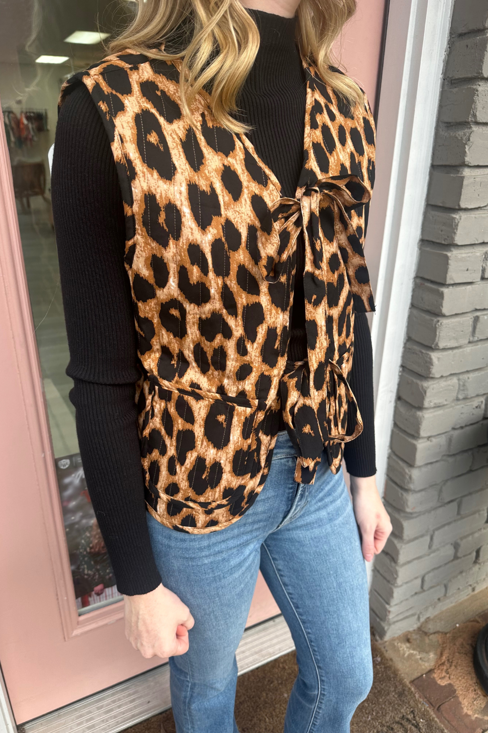 Leopard Quilted Vest with Front Ribbon Bow Ties