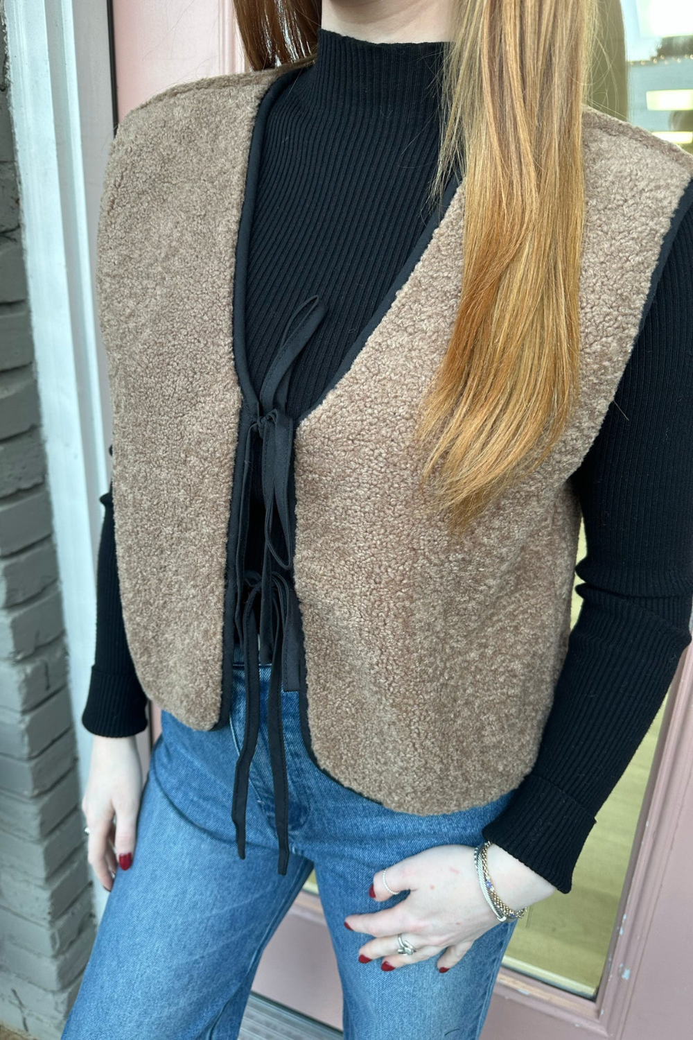 Contrast Tie Detail Fleece Fur Vest