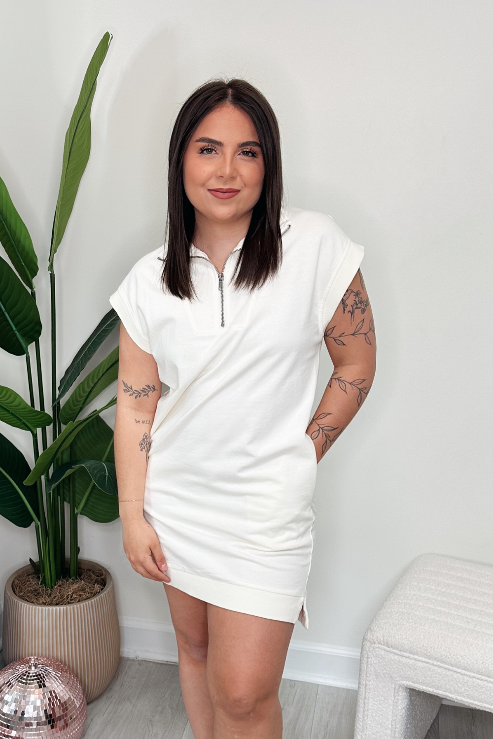 Half Zip Up Mock Neck Mini Dress - Cream