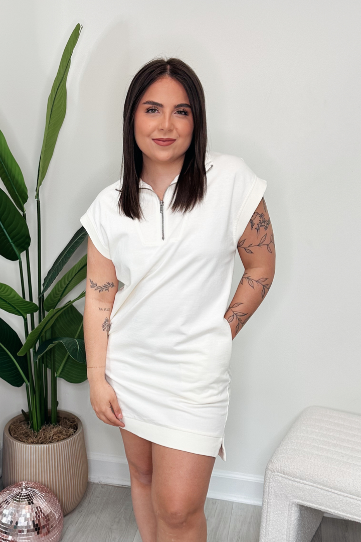 Half Zip Up Mock Neck Mini Dress - Cream