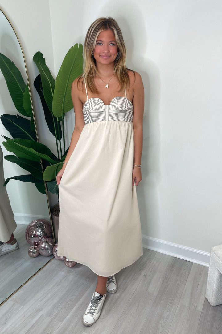 Top Stitch Bustier Linen Midi Dress - Sand