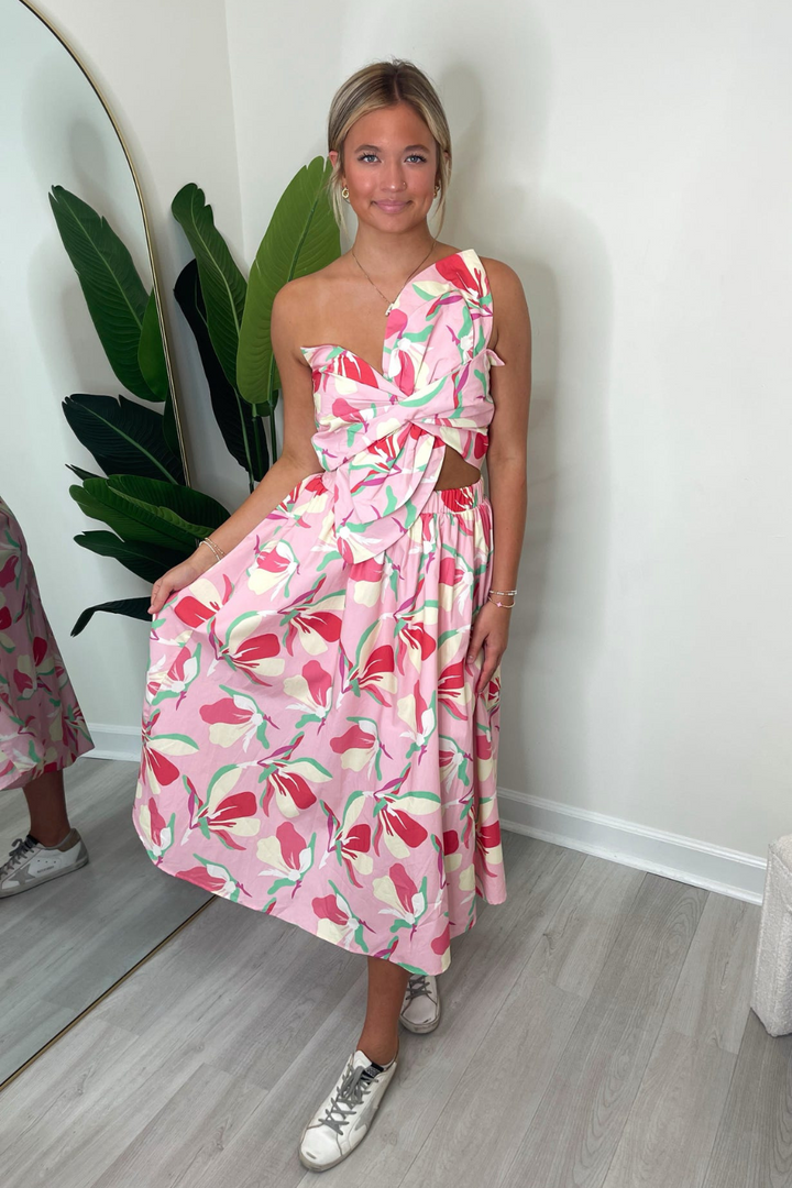 Knotted Flower Bow Floral Midi Dress - Pink Multi