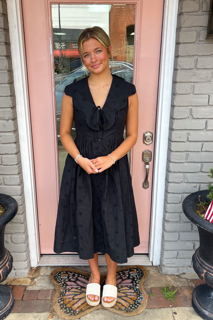 Black Scallop Collar Midi Dress