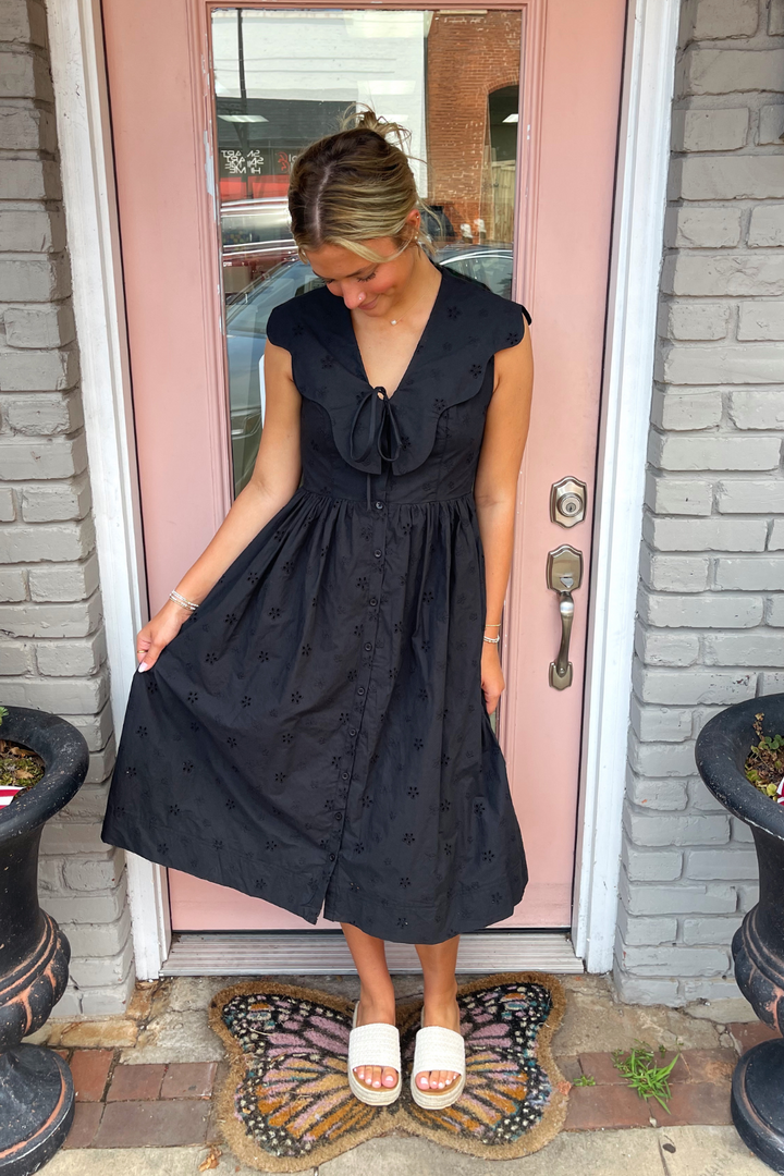 Black Scallop Collar Midi Dress