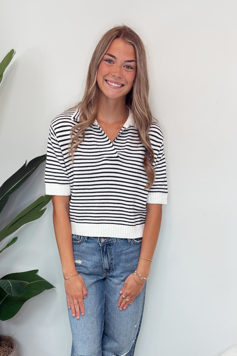 Striped Collared Short Sleeve Knit Top