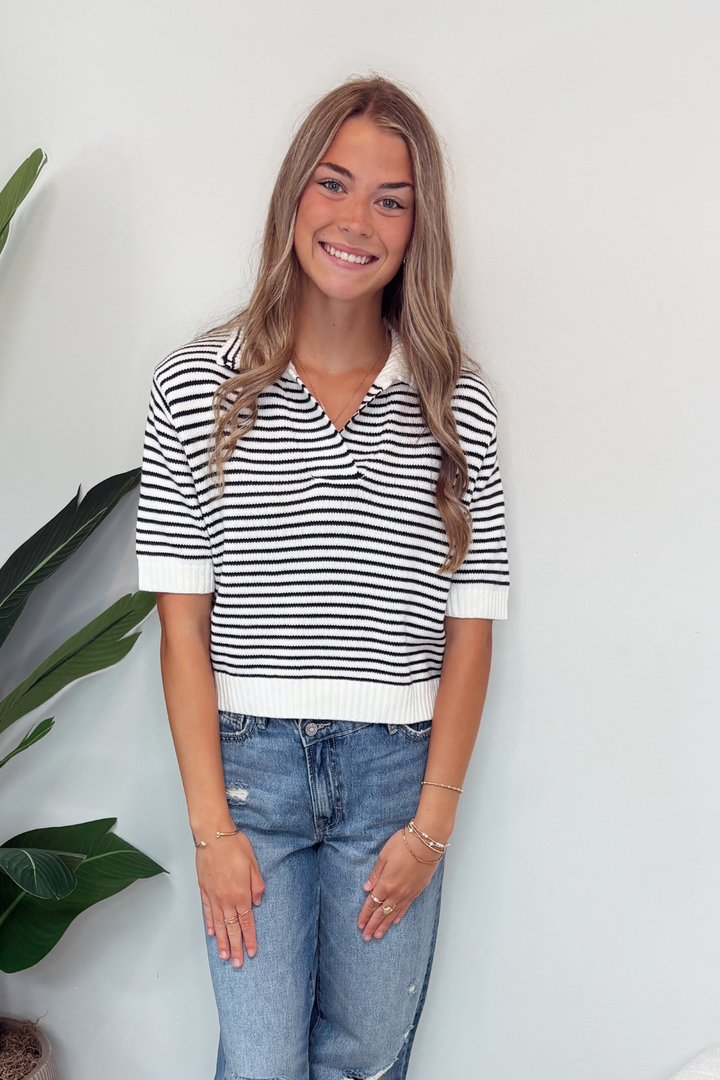 Striped Collared Short Sleeve Knit Top