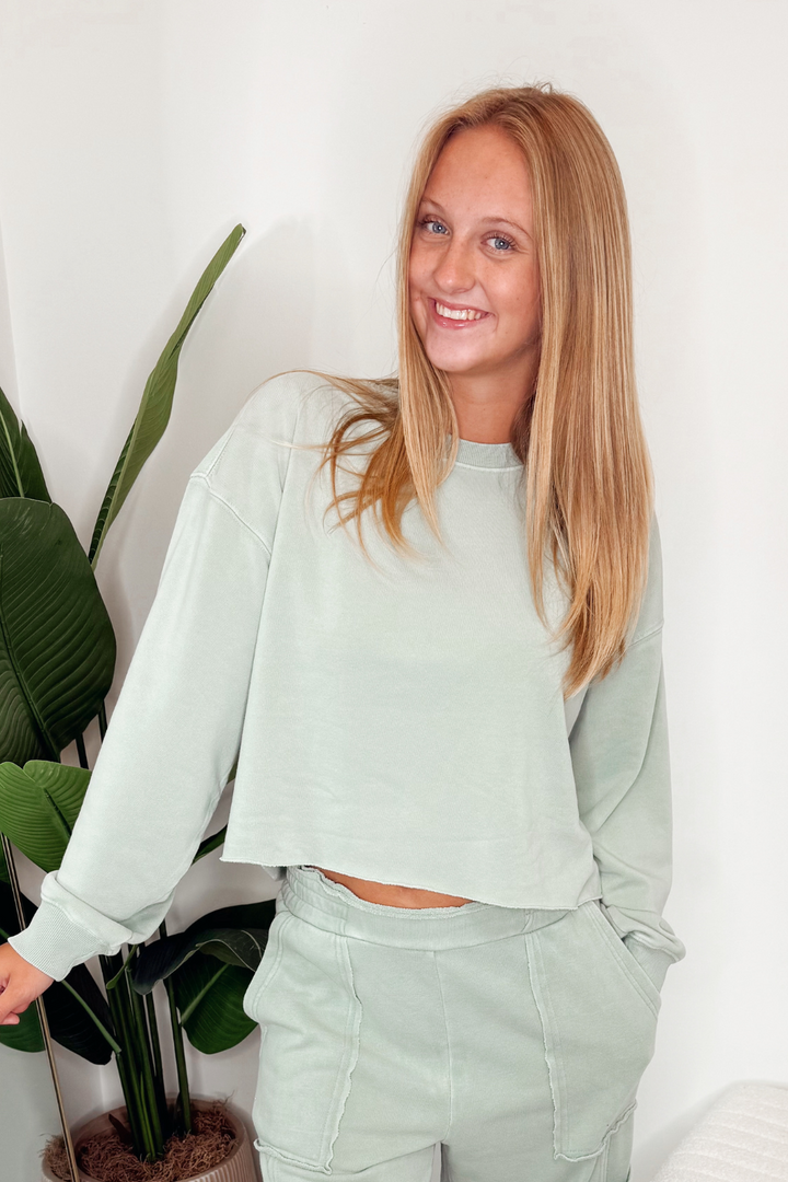 Cropped Crewneck Sweatshirt - Sage Green