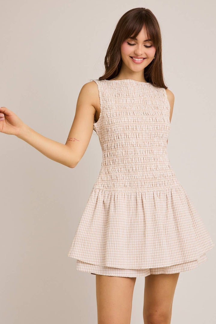 Boat Neck Smocking Bodice Low Waist Romper