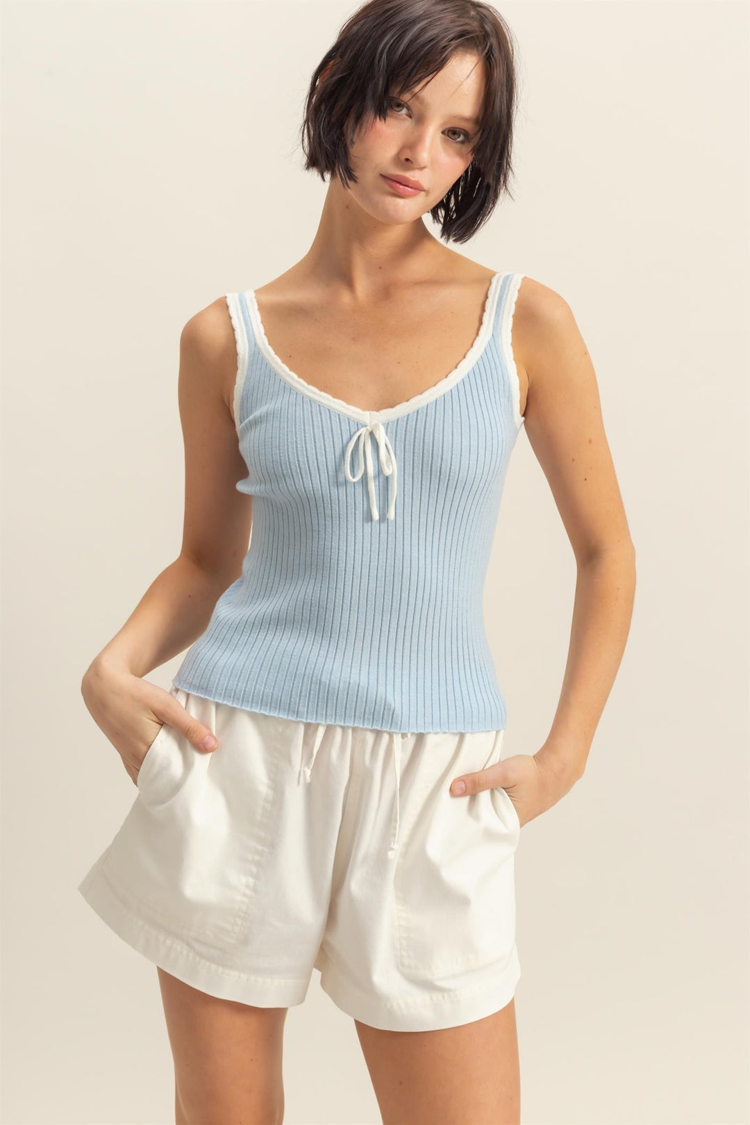 Ribbon Trim Fitted Summery Tank Top