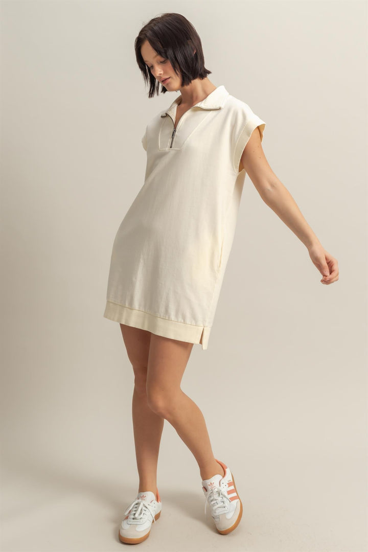 Half Zip Up Mock Neck Mini Dress - Cream